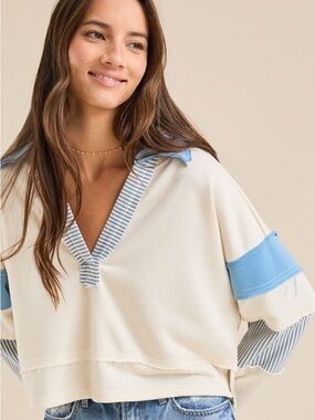 Altar’d State Blame Striped Polo Cropped Cream Pullover with Sky Blue Accents